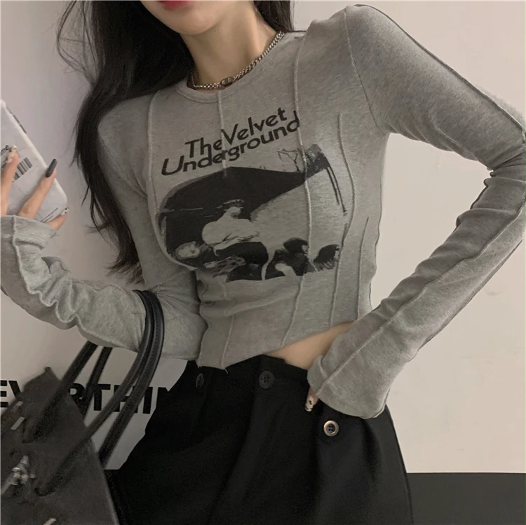 Yedinas Casual Slim T-shirt For Women O Neck Long Sleeve Sexy Crop Top Grunge Letters Print Female Korean Fashion Clothing 2021