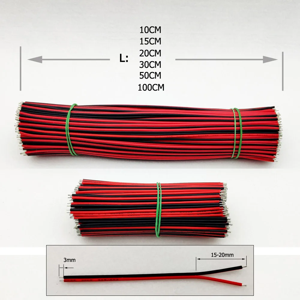 50 шт. 22AWG светодиодный cbales L: 10 см 20 см 30 см 2pin Луженый Медь красный и черный провод для 5050 5730 светодиодный полоса мощный удлинительные шнуры для подключения