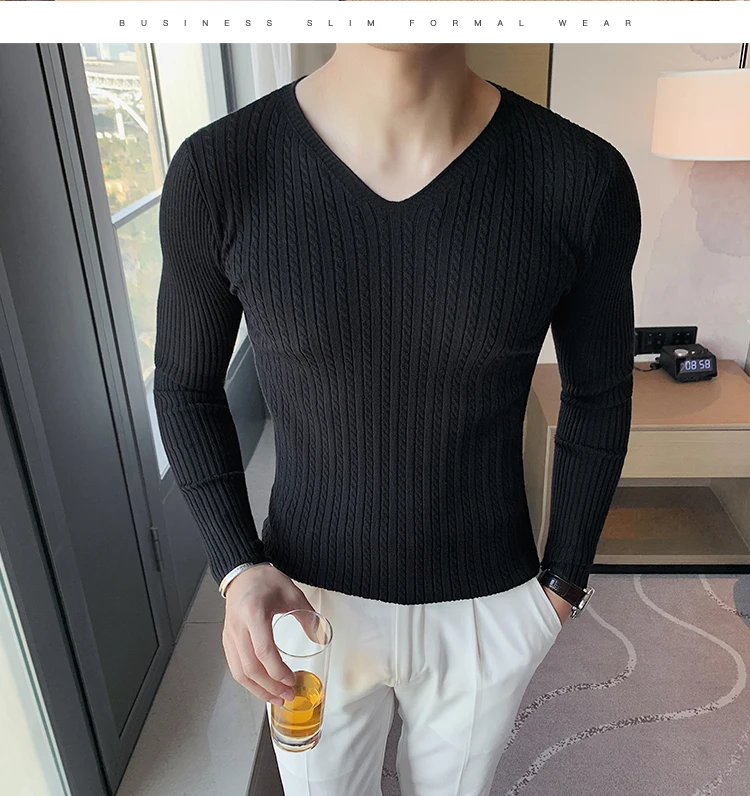 2021 new men's fashion brand V-neck casual knitted pullover bottoming sweater muscle brothers long-sleeved sweater Slim men mens sweaters on sale