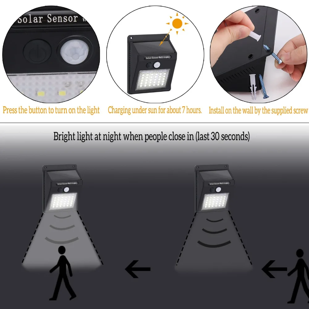 30 LED Solar Light 4PCS Outdoor Solar Lamp PIR Motion Sensor Wall Light Waterproof Solar Powered lights for Garden Path Lamps