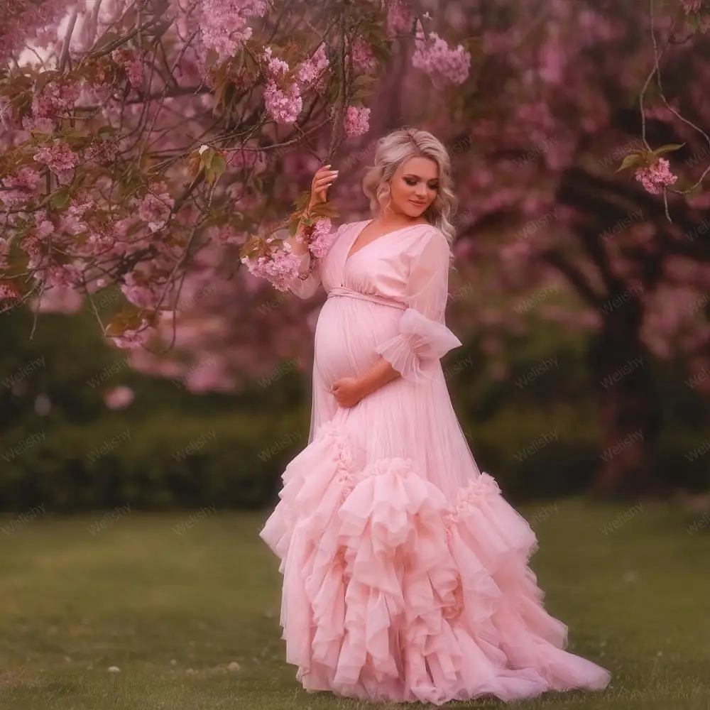 New Arrival Sweet Pink Bridal Ruffled Tulle Dresses Women Maternity Dressing Gowns Sheer Long Dresses Photo Shoot Custom Made