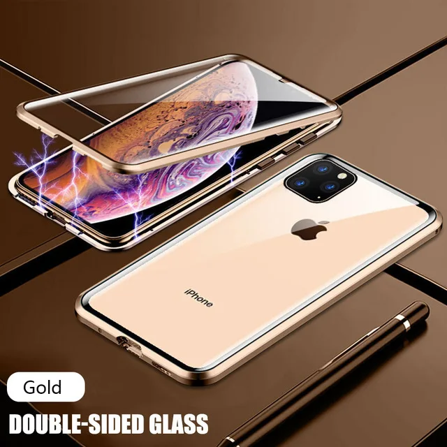 Luxury Phone Case For IPhone X XR XS 6 6S 7 8 11 12 13 Plus Mini SE Pro MAX 2020 360 Double Glass Shell Magnetic Adsorption Case Gold