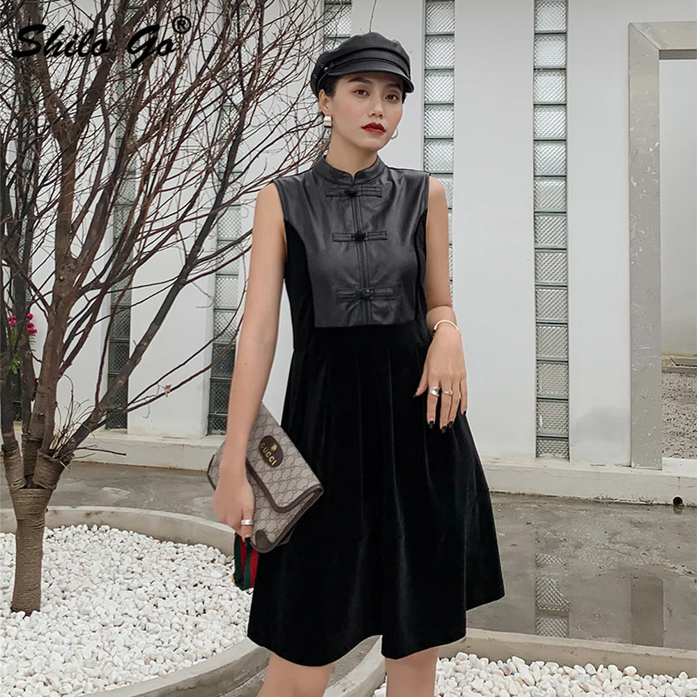 Genuine Leather Dress Elegant Mock Neck Botton Front Sleeveless Sheepskin Fit and Flare Dress Women Autumn Winter Solid Dresses