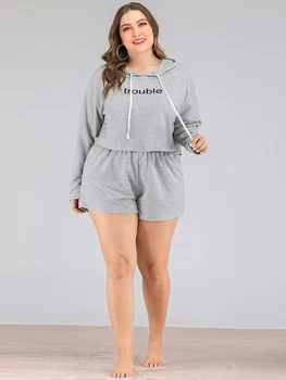 

Siskakia Personalized Letter Print Hooded Sweatshirt Set Plus size Long-sleeve Tops with Short Pants Sports Casual 2pcs Set Grey