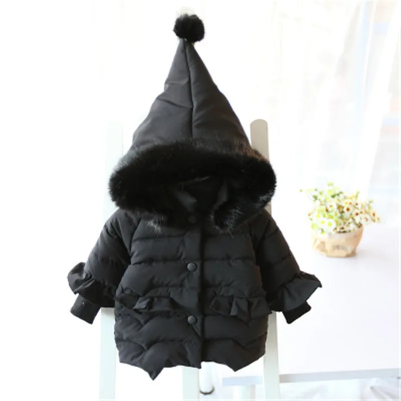 Красивая пуховая куртка для маленьких девочек теплая куртка с капюшоном и хлопковой подкладкой для девочек детская одежда, пальто Детская куртка одежда для маленьких девочек - Цвет: Черный