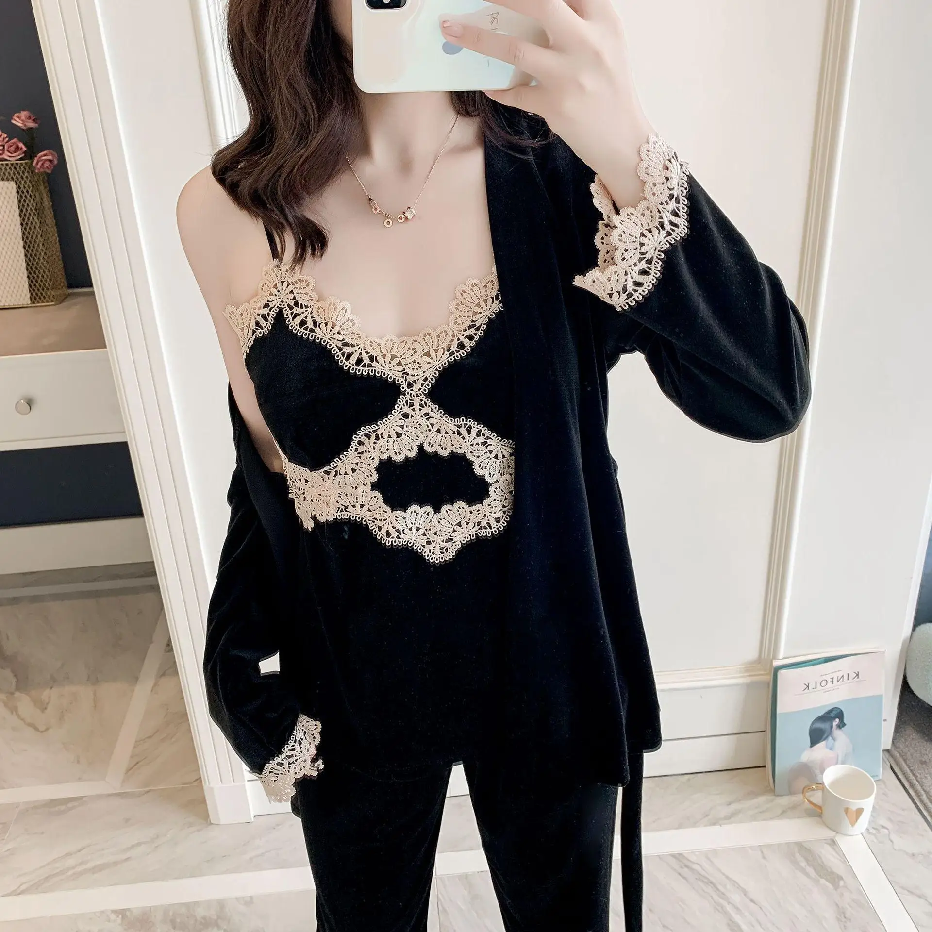 Бархат невесты Bridesmaide Свадебные 3 шт. установить пикантные кружевные женские осенние Для женщин, одежда для сна, домашняя одежда пижамы кимоно, ночная одежда, Размеры M, L, XL - Цвет: 3PCS14