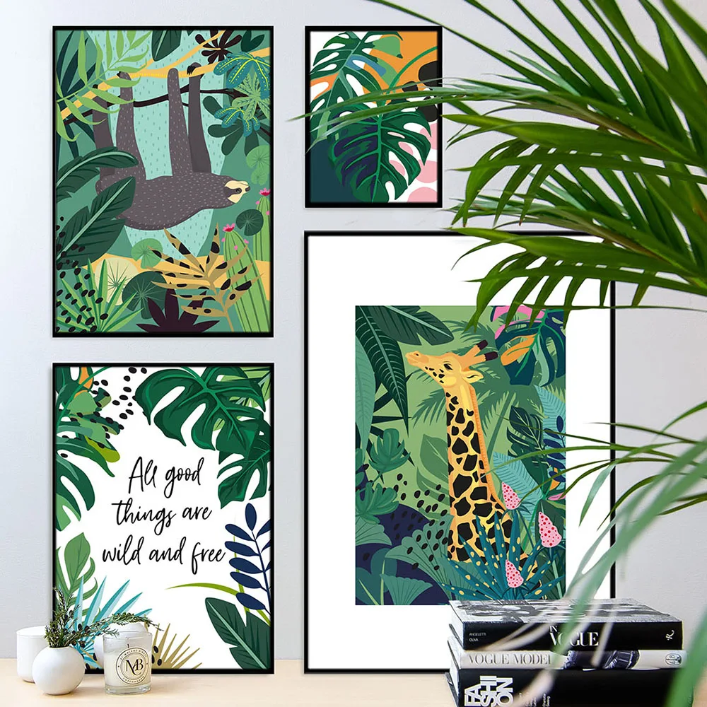Giraffe Sloth Jungle Nordic Posters And Prints monstera leaf Wall Art Canvas Painting Pictures For Living Room Home Decor | Дом и сад