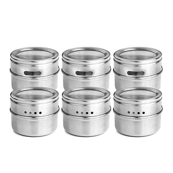 

6pcs / set Clear Lid netic Spice Jar Stainless Steel Spice Sauce Storage Container Pots Kitchen Condiment Holder Houseware