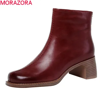 

MORAZORA 2020 New arrival fashion women boots thick heels square toe solid color ladies shoes genuine leather boots