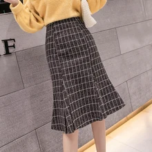 Осенне-зимняя Клетчатая Шерстяная Юбка, женские юбки до колена в клетку, женская элегантная юбка русалки, Jupe Faldas Largas Mujer
