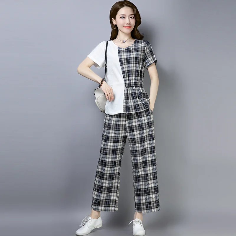 

2019 Photo Shoot Summer Wear New Style Cotton Linen Loose Casual Plaid Stitching Waist Hugging Tops + 8 Points Loose Pants Two-P