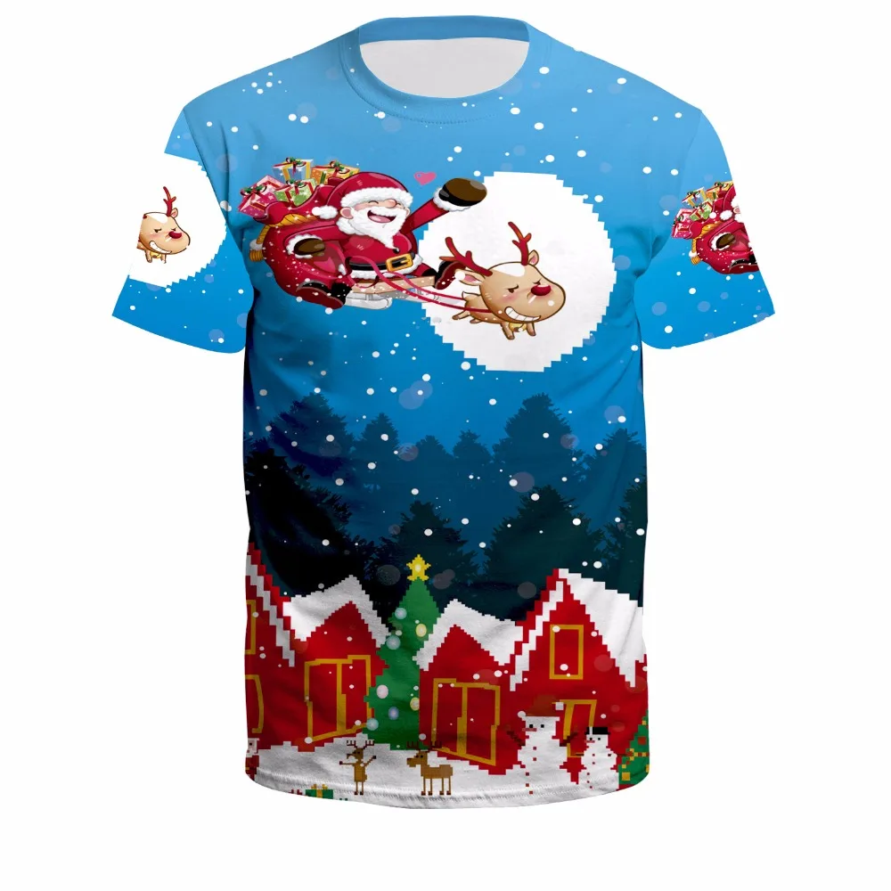 Для мужчин футболки в рождественском стиле Для мужчин! Модное платье с О-образным вырезом Футболка с животным принтом Костюмы для косплея Повседневное забавные Санта Клаус пара