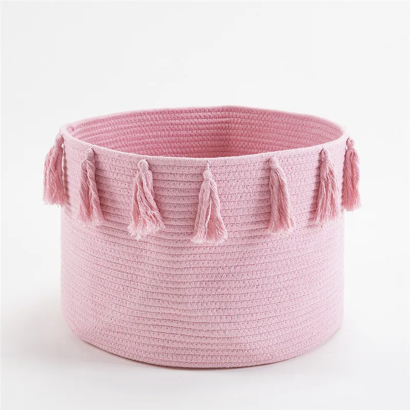 Nordic cotton rope woven tassel storage basket baby diaper storage box laundry basket Storage of toys for children - Color: Pink