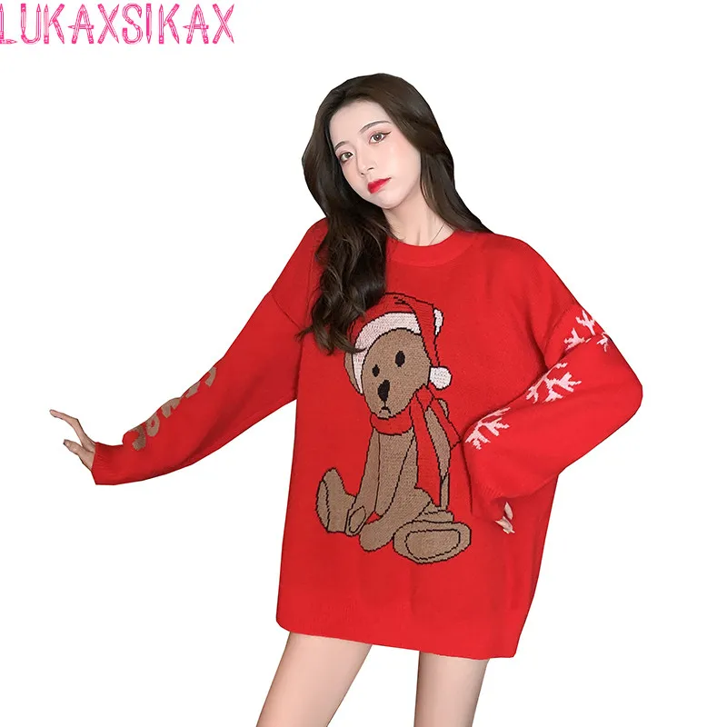 

LUKAXSIKAX New Autumn Winter Women Loose Pullover Sweater Korean Chic Cute Cartoon Bear Knitted Christmas Sweater
