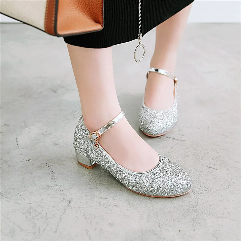 New Womens Chunky Low Heel Comfort Buckle Ankle Strap Glitter Mary Jane Shoes Round Toe Vintage Shiny Bling Dress Pumps A849