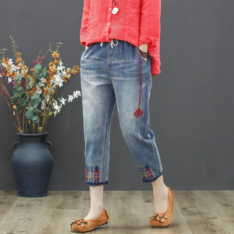 Jeans Woman Summer Autumn Casual Embroidery Pants Loose Calf-Length Ripped for Women vaqueros mujer | Женская одежда