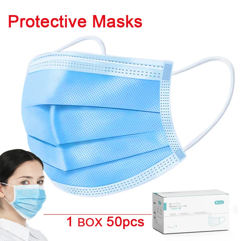 

50Pcs/lot Disposable Protective Mask 3 Layer Nonwove Ply Filter Mouth Face Mask Anti-Dust Anti-Fog Meltblown Earloop Mout