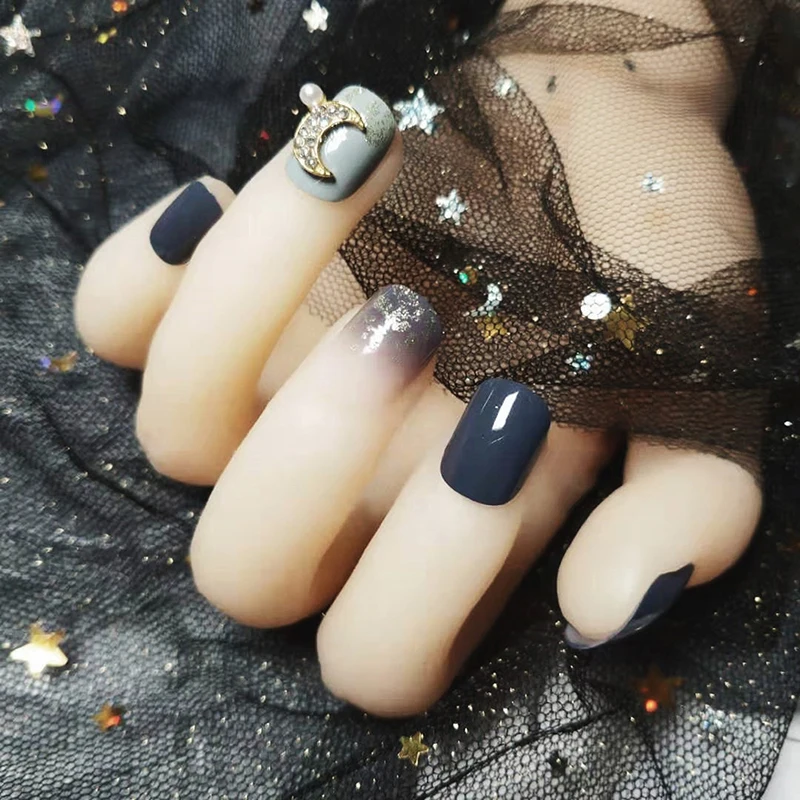 HOT 24pcs 3D Moon Design Build Press On Nails Candy Color Grey Flase Nails Short Fashion Fake Nails For Girls DIY Nail Art Tips