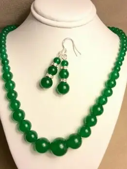 

free shipping 6-14mm Natural Green Jade Gemstones Round Beads Necklace + Earrings Set 18" AAA