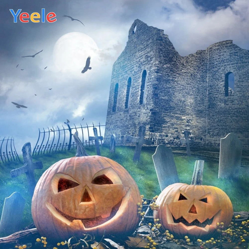 

Yeele Halloween Backdrop Castle Pumpkin Lantern Tombstone Night Custom Vinyl Photography Background For Photo Studio Photocall