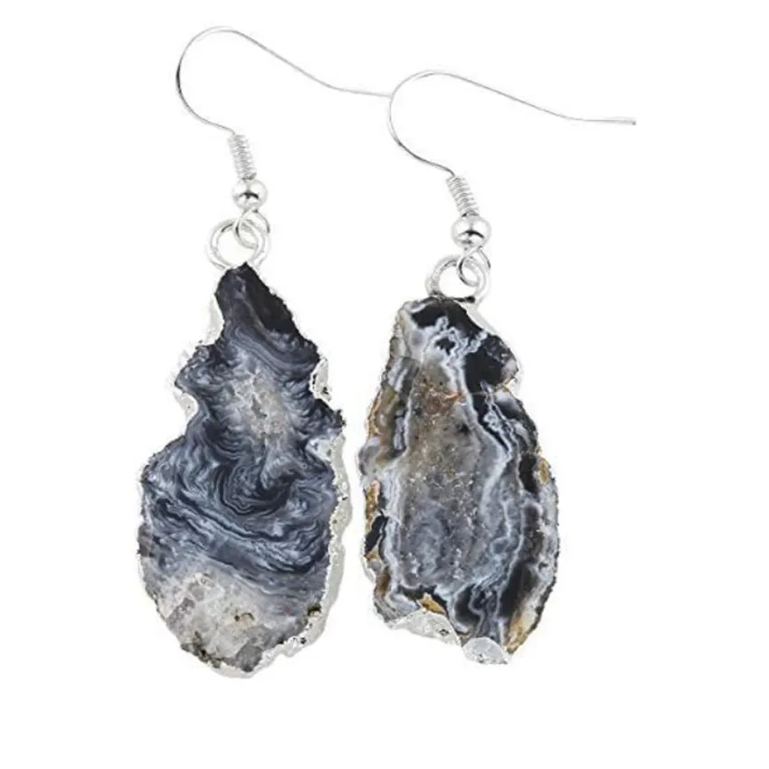 

FYSL Silver Plated Irregular Shape Agates Geode Drop Earrings for Women Ethnic Style Jewelry