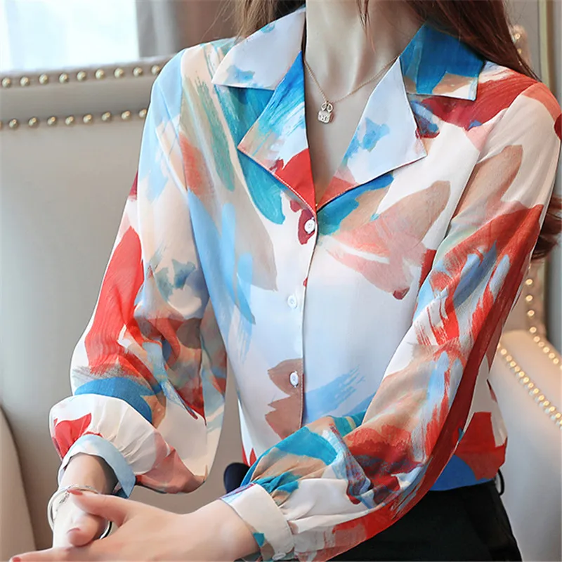 

Korean autumn women shirts elegant women chiffon blouses shirts woman print blouse womens tops and blouses woman V neck OL Shirt
