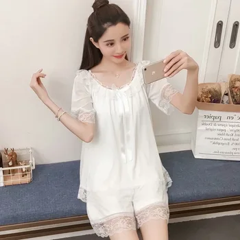 

2PCS Sleep Set Wome Lace Trim Princess Style Pijamas Pajamas Summer Thin Suit Satin Short Sleeve Casual Sleepwear Home Wear