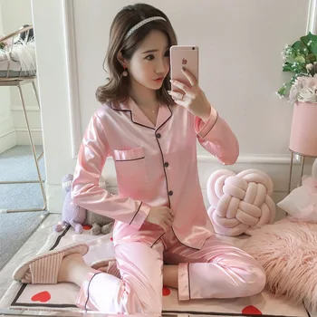 

Womens Silk Satin Pajamas Pyjamas Set Autumn Sleepwear Pijama Suit Female Sleep Long Sleeve Tops+Pants 2 Piece Sets Pyjama Femme