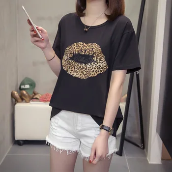 

large size women's T-shirt fashion new summer black wild short-sleeved loose casual leopard print lips printing female tee&tops
