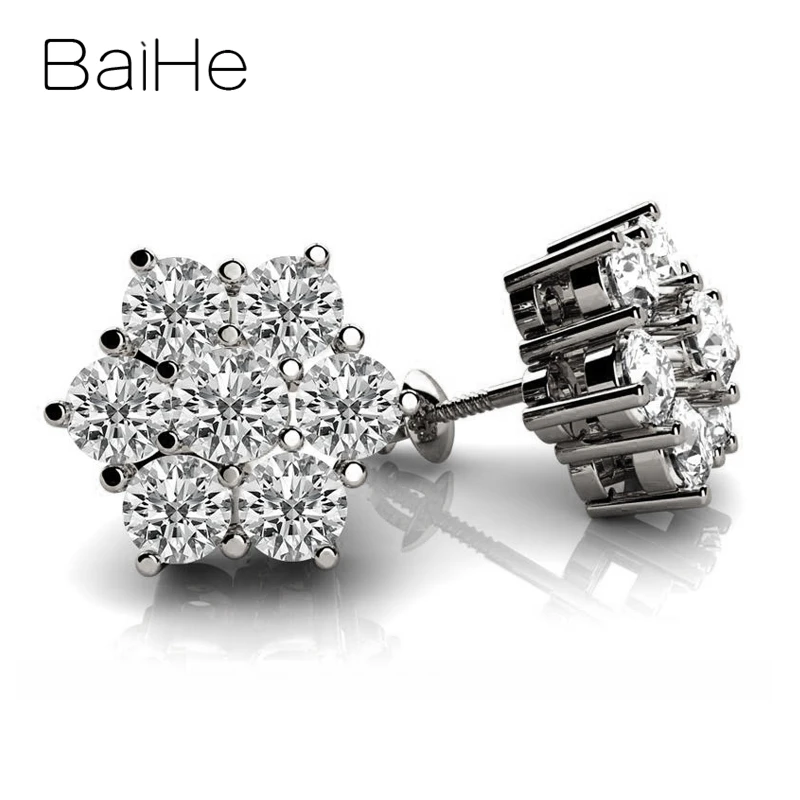 Total 1.12ct W BAIHE Твердые 18 к белое золото всего 0.84ct/1.12ct H/SI круглые натуральные бриллианты женские мужские свадебные бриллиантовые серьги подарок серьги-гвоздики - Цвет камня: Total 1.12ct W