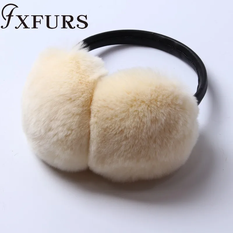beige FXFURS/ женские модные меховые наушники с кроликом Рекс, с кожаной полкой, зимние теплые меховые наушники для девочек, меховые наушники - Цвет: beige