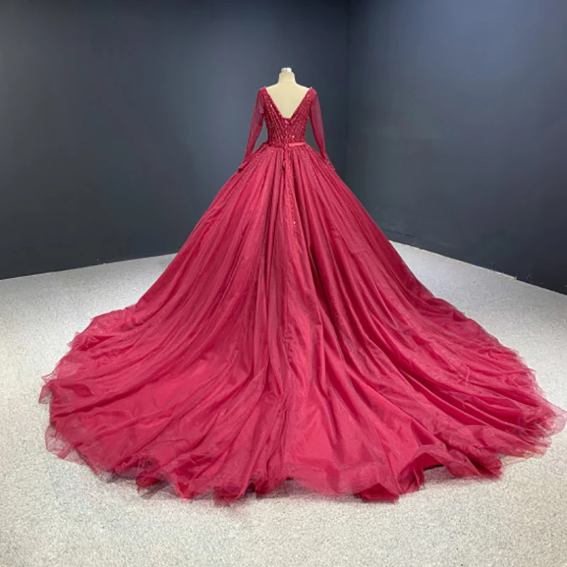 J67172 Charming Wine Red Evening Dress 2020 Red Sequins On Long Sleeves Lace Up Back V-Neck vestidos de noche largos elegantes 2