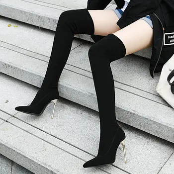 

Super High Heel Boots Women Fashion Pointed Toe Over The Knee Boots Autumn Winter Female Long Boots Fur Plush women Boots 2019