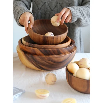 

Natural luxury acacia wooden bowl wood grain Korea Japanese-style basin tableware household fruit plate rice ramen salad bowl
