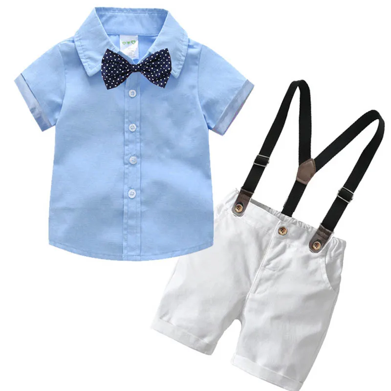 Baby Boy Gentleman Clothes Set Summer Boys Suit For Toddler Blue Shirt with Bow Tie+Suspenders White Shorts Formal |