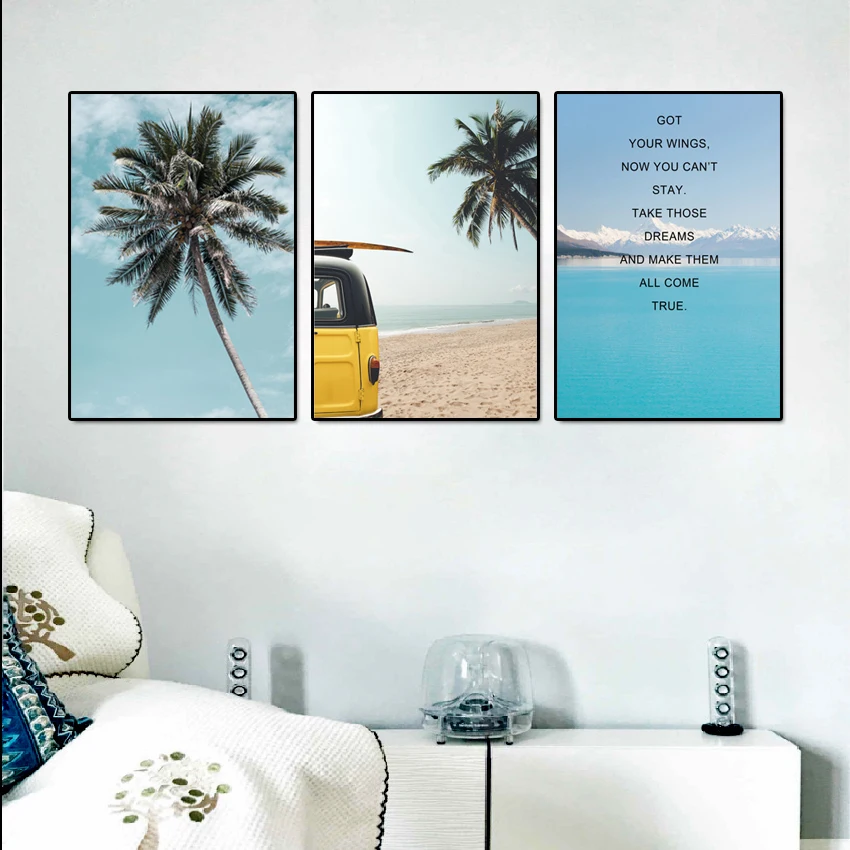 Beautiful-Natural-Scenery-Canvas-Painting-Palm-Tree-Sea-Beach-Yellow-Car-Posters-And-Prints-Wall-Pictures (1)