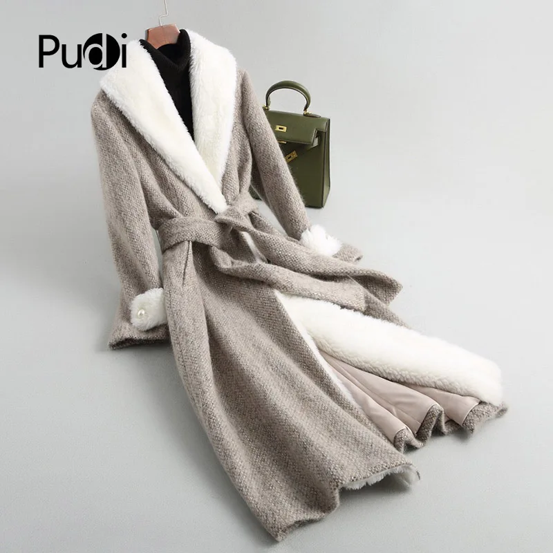 PUDI A18045 женские зимние теплые 100% натуральная шерсть мех с меховым воротником Овцы пальто леди длинное пальто куртка пальто