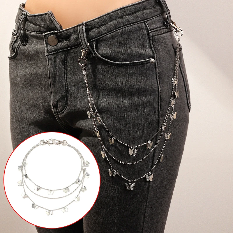 Punk Street Butterfly Belt Waist Chain Women Pants Chain Multi Layer HipHop Keychain Trousers Jewelry New