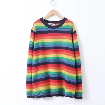 

New Rainbow Colorful Striped Loose Long Sweaters Women Plus Size XL-3XL Fashion Round Neck Knitwear Pullovers Jumper Pull Femme