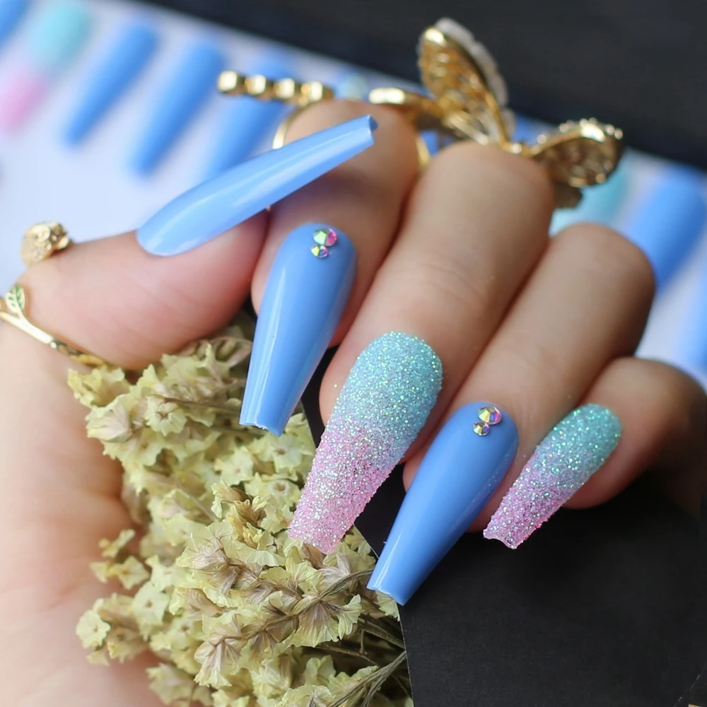 Extra Long Coffin Uv Fake Nail Ombre Glitter Pink Blue False Nails ...