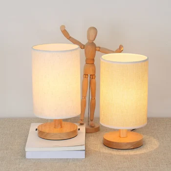 

USB Bedside Table Lamp Modern LED Desk Light with Fabric Shade and Wood Base for Household Bedroom Ornaments