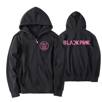 

Kpop blackpink 2020 world tour same printing zipper hoodie jacket unisex fleece/thin loose zipper sweatshirt black/white