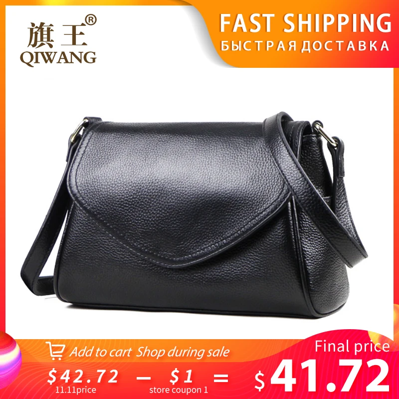 Сумка мессенджер Qiwang черная из натуральной кожи 2019|genuine leather shoulder bag|leather bagbrand women bag
