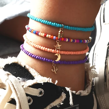 4pcs/Set Bohemia Handmade Beads Anklet Moon Star Pendant Elastic  Barefoot Chain Foot Jewelry For Women Summer Beach Accessories