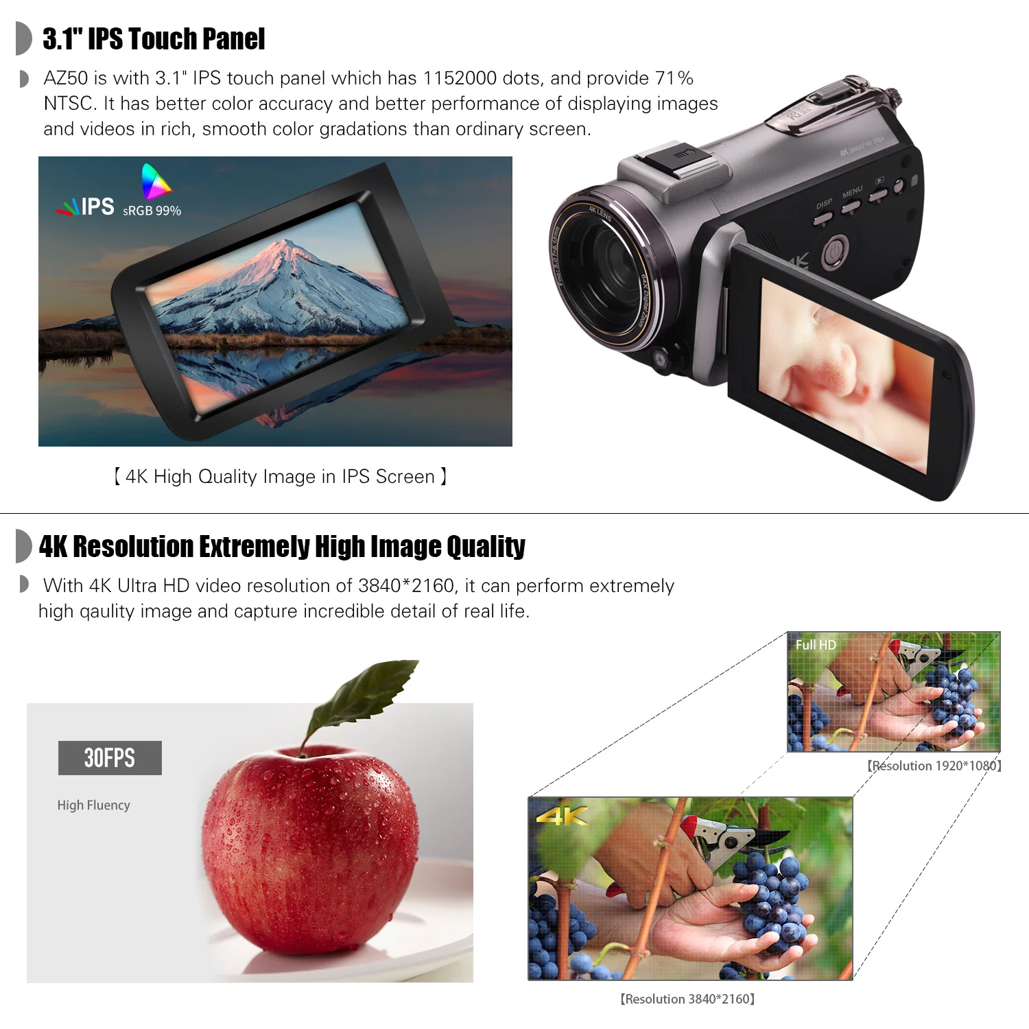 Andoer Real 4K 30FPS WiFi цифровая видеокамера 3,1 дюймов ips сенсорный экран 64X цифровой зум ИК Ночное Видение видеокамера