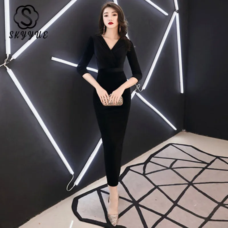 

Skkyue Evening Dresses Long Sleeve Elegant Robe De Soiree Zipper Black Evening Gown 2019 Plus Size Sexy V-neck Formal Dress F011