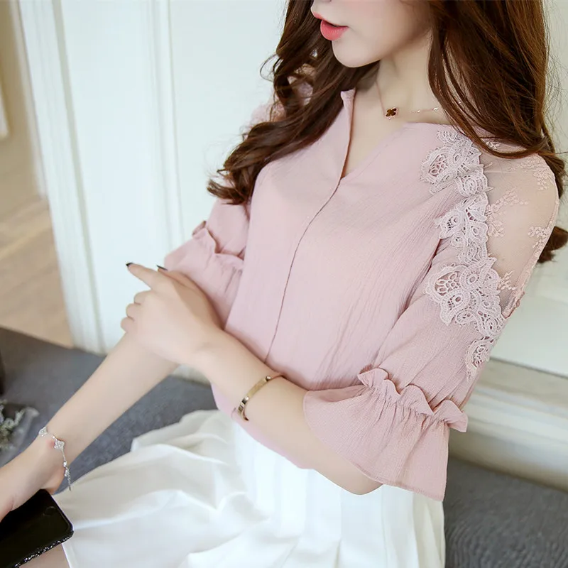 Новая летняя Розовая Шифоновая Женская рубашка блузка модная одежда с V образным