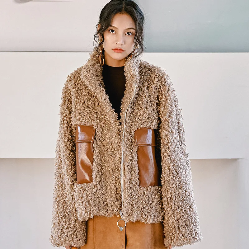 

2019 New Winter Coat Furry Khaki Lamb Short Coat Zippers Jackets Coat Women