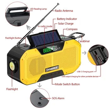 ABBREE Waterproof Emergency Radio Auto Scan AM/FM Charge by Solar Power Hand Crank USB charger Power Bank for Cellphone 4
