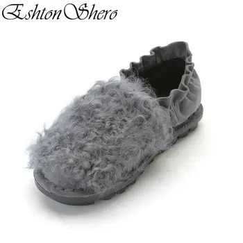 

EshtonShero Women's Shoes Flats Cow Suede Flat Heel Winter Fur-lined Round Toe Plush Black Ladies Loafers Shoes Size 34-41
